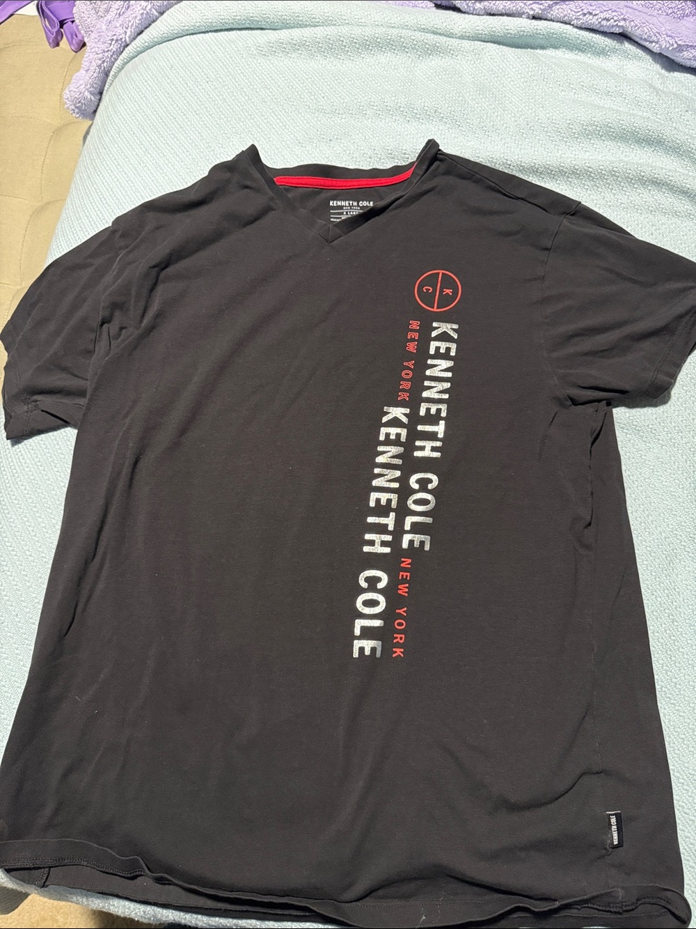 Kenneth Cole Black Short Sleeve V-Neck Tee with Red Logo Accents